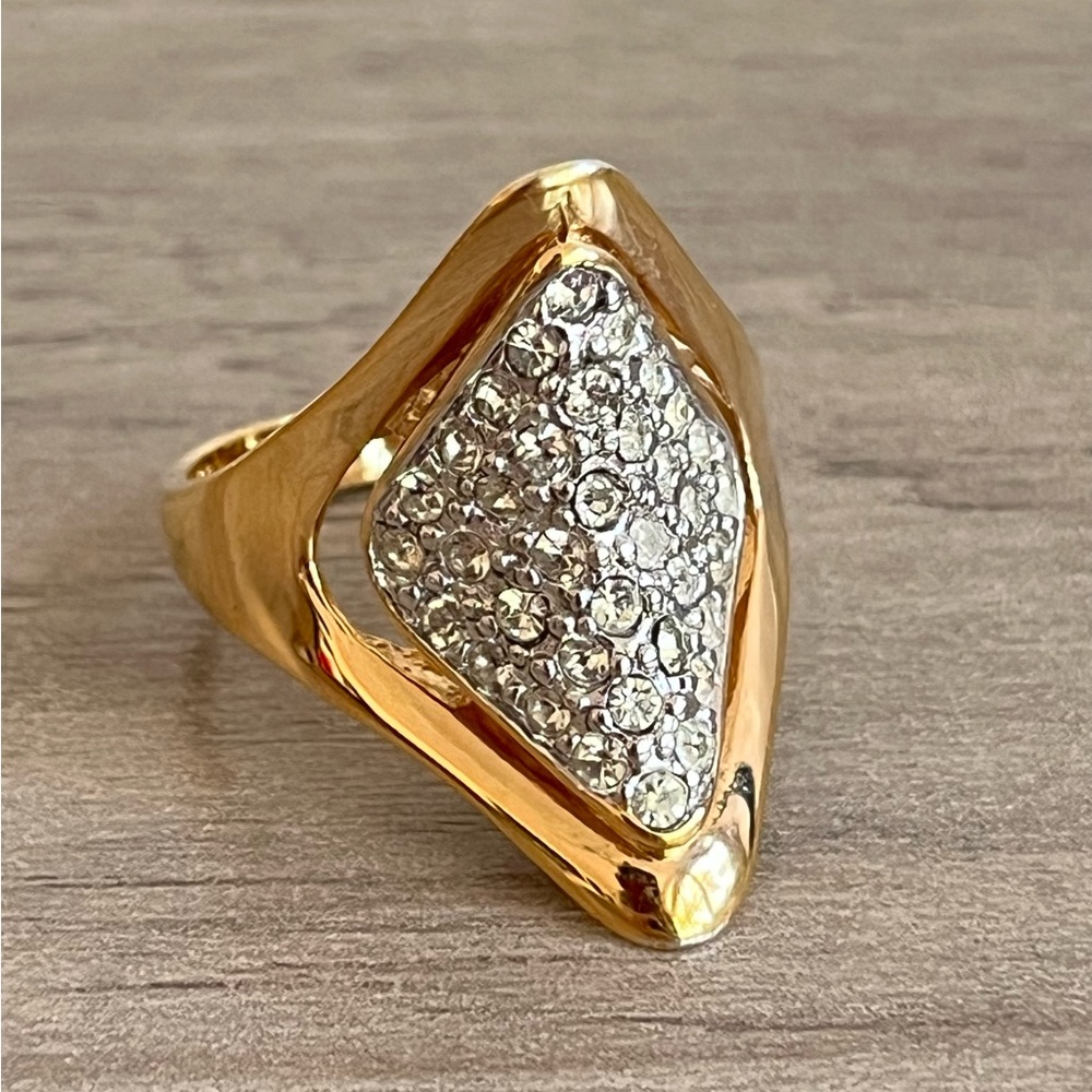 Vintage Abstract Concave 18KTHGE Gold Ring with CZ's and Silver Accents
